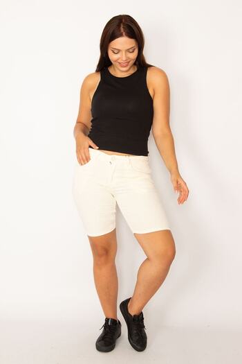 Şans Women's Large Size Beige 5 Pocket Gabardine Fabric Shorts 65n34214