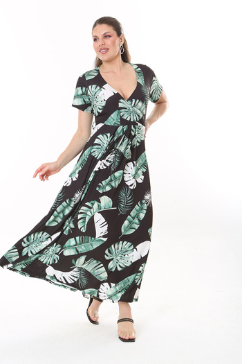 Şans Women's Large Size Green Wraped Collar Long Dress 65N37735