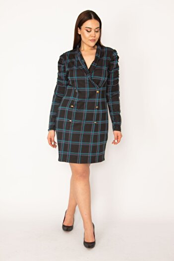 Şans Women's Large Size Green Plaid Pattern Metal Button Double Breasted Dress 65n30544