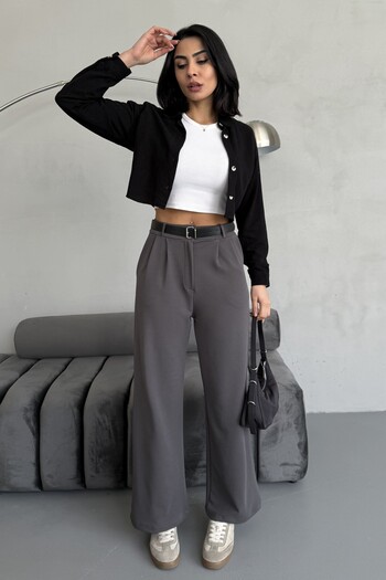 moda armanc High Waist Wide Leg Belted Lycra Women's Palazzo Trousers - Gray