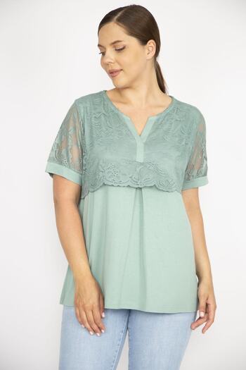 Şans Women's Green Large Size Lace Detailed V-Neck Tunic 65n36610