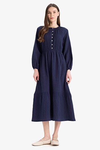 DeFacto Relax Fit Crew Neck Muslin Long Sleeve Maxi Dress D0570Ax25Sm