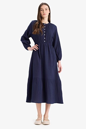 DeFacto Relax Fit Crew Neck Muslin Long Sleeve Maxi Dress D0570Ax25Sm
