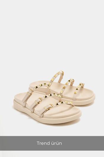 Madamra Cream Women's Gold Staple Detailed Trend Slippers
