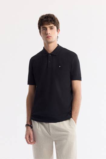 Avva Men's Black Non-Curling Polo Neck 100% Cotton Basic T-Shirt B001032