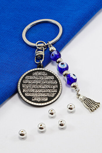 biuti Handmade Glass Evil Eye Beaded Black Steel Double Sided Ayetel Kursi Felak Nas Ihlas Keychain