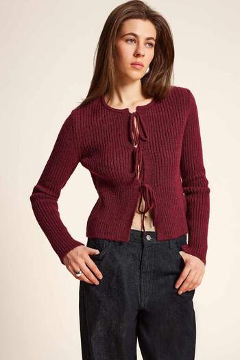 DeFacto Regular Fit Crew Neck Tie Basic Plain Knitwear Claret Red Cardigan E6914Ax25Sp