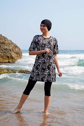 vawensea Women's Half Sleeve Patterned Hijab Swimsuit Black (WIDE SIZE RANGE)