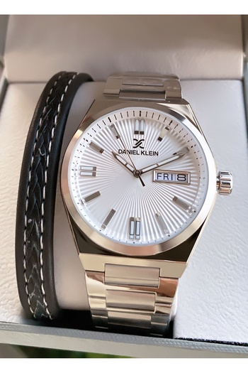 Daniel Klein Silver Color Men's Wrist Watch with Calendar - Bracelet Gift