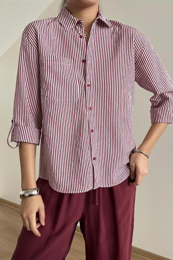 Mixray 4655 Women's Epaulet Detailed Pinstripe Shirt Claret Red