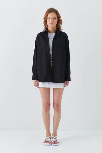 Mixray 4621 Women's Black Basic Pleated Shirt