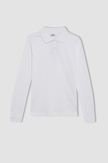 DeFacto Tricou polo școlar cu mânecă lungă din piqué alb pentru fetiță