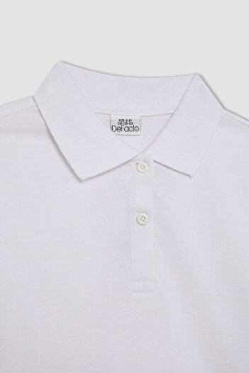 DeFacto Tricou polo școlar cu mânecă lungă din piqué alb pentru fetiță