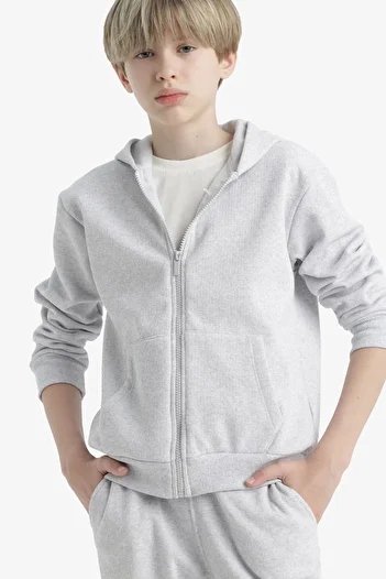 DeFacto Boy's Gray Hooded Pique School Cardigan