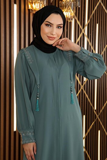Modamihram Hidden Button Tasseled Abaya Mint 12254
