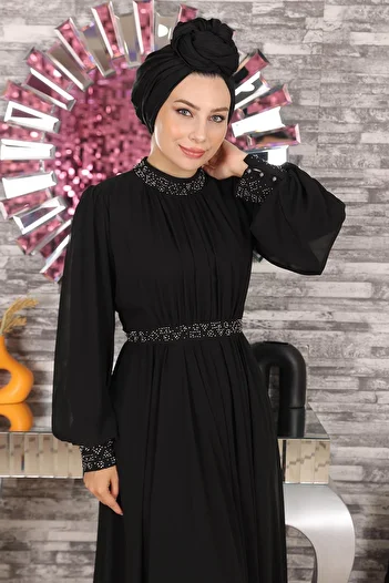 Modamihram Stone Detailed Chiffon Evening Dress Black 19109