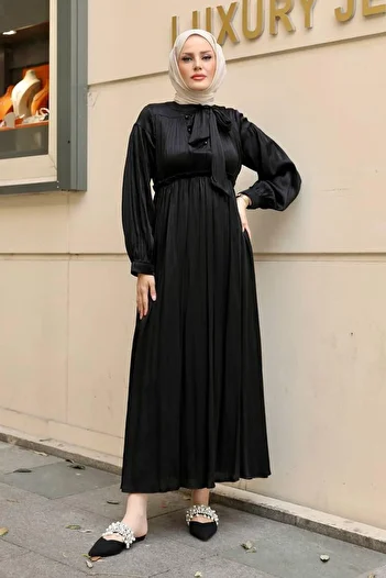 Modamihram Scarf Collar Satin Evening Dress Black 19144