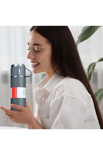 Manolex Set Thermos 500ml + 3 Cups – Ideal for Coffee and Tea, Portable and Durable, Grey, Manolex®