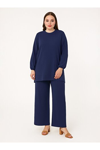 ALİA Viscose Fabriccomfortable Fit Plus Size Trousers - Navy Blue -