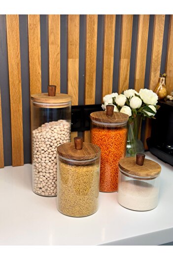 AROW Set of 4 Acacia Vacuum Lid Borosilicate Glass Jars