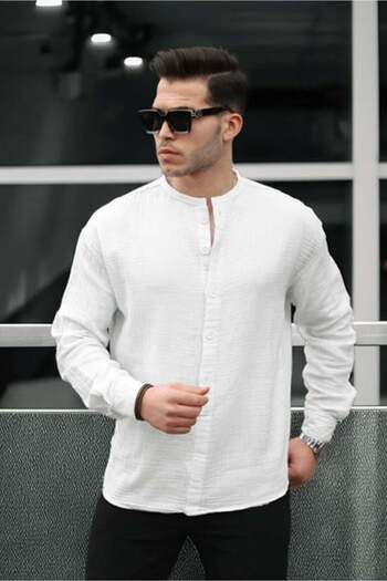 Valiberta Lightweight and Breathable Men's Muslin Half Placket Prevailing Collar Oversize Shirt - White