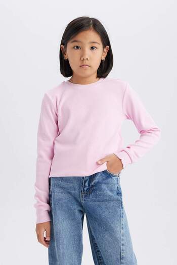 DeFacto Girls Slim Fit Slim Fit Crew Neck Rib Long Sleeve T-Shirt B7452A825Sp