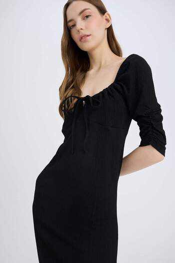 DeFacto Valentine's Day Bodycon Body Wrap-Around Square Neck Slit Basic Wrap-Around Half Sleeve Black Midi Dress