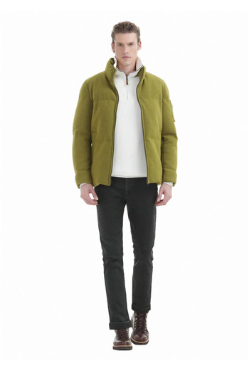 Ramsey Oil Green Regular Fit Stand Collar Casual Woven Coat