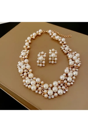 GlassySKY İncili Şık Fransız Vintage Saray Tarzı Kolye Küpe Takı Seti