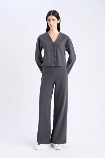 DeFacto 2-Piece Suit V-Neck Button Cardigan Elastic Waist Wide Leg Pants E9859Ax24Wn