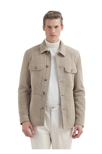 Ramsey Beige Regular Fit Shirt Collar Casual Fur Leather Coat