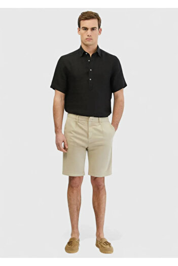 Ramsey Beige Plain Woven Regular Fit Casual Cotton Blended Bermuda