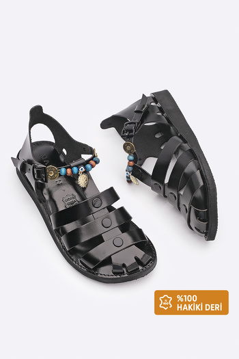 Marjin Women's Genuine Leather Accessory Eva Sole Daily Sandals Kevas Black