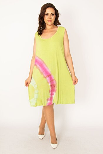 Şans Women's Large Size Green Batik Patterned Dress 65n33958