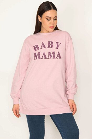 Şans Women's Large Size Pink Front Printed Sweatshirt 65n31336