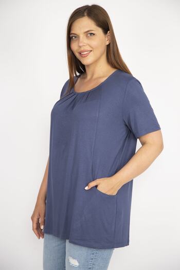 Şans Women's Indigo Large Size Collar Pleated Pocket Tunic 65n36467