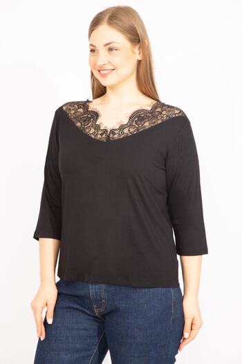 Şans Women's Black Large Size Lace Detailed Blouse 65n35576