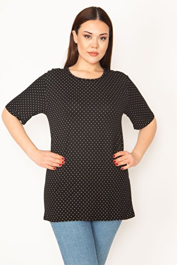 Şans Women's Large Size Black Point Patterned Crew Neck Short Sleeve Blouse 65n32987
