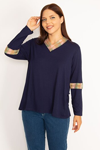 Şans Women's Large Size Navy Blue Lace Detailed Blouse 65n34647
