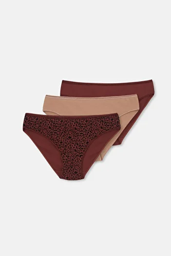 Dagi Red Brown-Dark Beige Women's 3-Piece Patterned Brief Panties