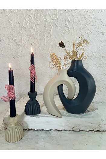 Zigzag Home Decorative Bohemian Style Dear Ivy Vase and Damask Candle Holder Set Figurine Vase Set Anthracite Beige