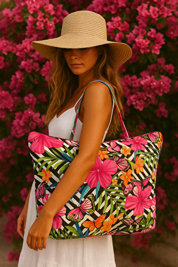 MER HOME Exotic Floral Patterned Zippered Lined Beach Bag Daily Shoulder Bag