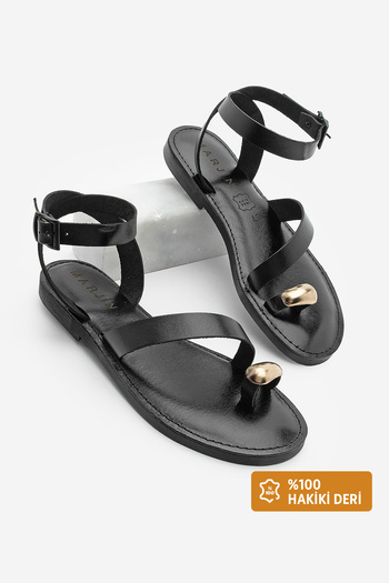 Marjin Women's Black Leather Buckled Ankle Strap Sandals by Rinat