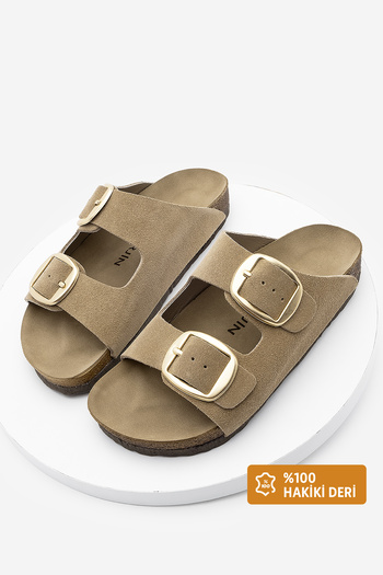Marjin Genuine Leather Women's Slippers - Double Banded, Olive Suede Eva Sole, Poly Soil Suede