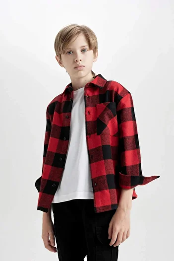 DeFacto Boy's Oversize Wide Fit Polo Collar Cotton Long Sleeve Checkered Shirt D9721A824Wn