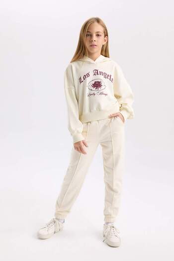 DeFacto Girl's Ecru Oversize Wide Fit Hooded Printed Sweatshirt D7041A824Wn