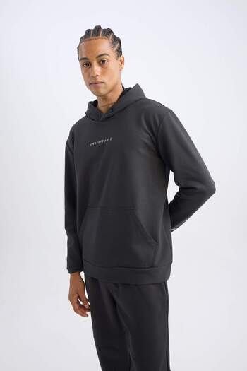 DeFacto DeFactoFit Standart Fit Kapüşonlu Arma Baskılı Kanguru Cepli Skuba Dalgıç Kumaş Sporcu Sweatshirt D1