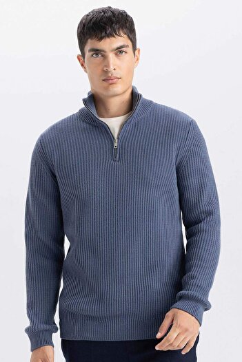 DeFacto Standard Fit Regular Cut Stand Collar Zippered Basic Plain Knitwear Sweater B0578Ax24Wn
