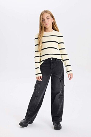 DeFacto Girl's Ecru Striped Fitted Crew Neck Knitwear Sweater D1392A824Wn