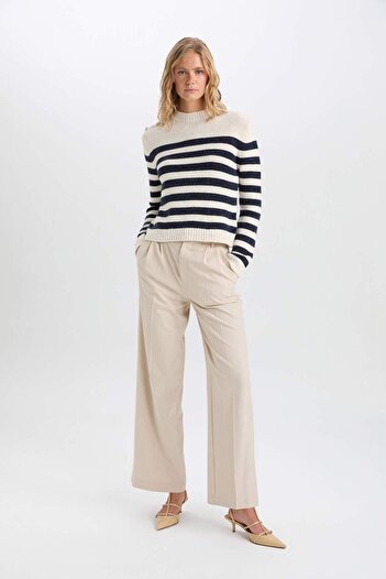 DeFacto Regular Fit Soft Textured Crew Neck Button Striped Sweater Sweater C9055Ax24Wn